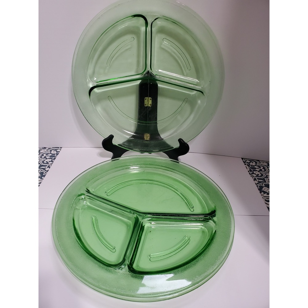 Vintage Green Depression Glass Snack Plates Divided Serving Dishes